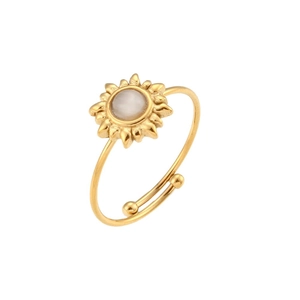 Adjustable gold sun flower ring with white round gemstone and open band design