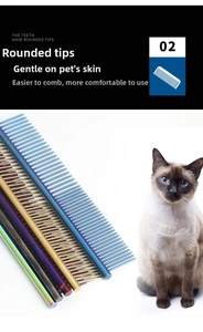 Detail of multi-color pet grooming steel comb with rounded pins for skin protection