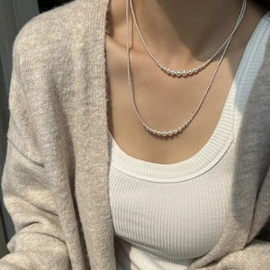 Close-up of double-layered pearl necklace with large focal pearls on model