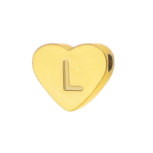 Macro detail of heart-shaped gold titanium pendant with engraved letter L on mirror finish