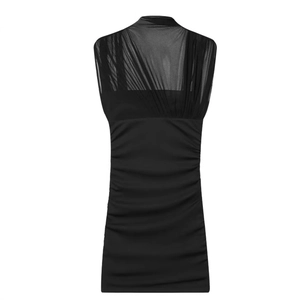 Schickes schwarzes ärmelloses Minikleid für Damen mit Mesh-Patchwork und Raffungen