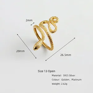Golden S925 silver snake-shaped open ring with detailed scale texture for men and women