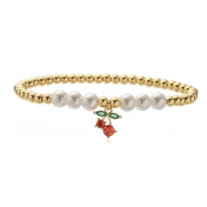 Bracelet élégant en perles dorées avec perles blanches et pendentif cerise en zircon