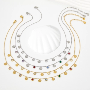 Colorful zircon shell pendant necklace in stainless steel with tassel chain for women