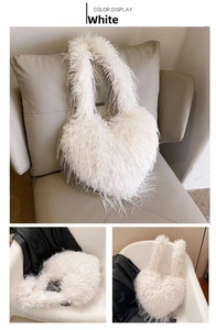 Detail view of heart-shaped white faux feather crossbody bag with plush soft texture