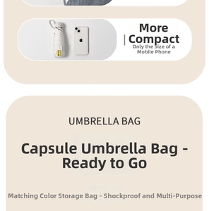 Detailed view of white mini capsule umbrella with matching portable storage bag