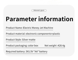 Detailed technical specifications for the silver matte electric money jet gun toy machine