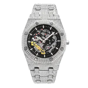 Men Skeleton Mechanical Watch Full Rhinestone Iced Out Octagonal Bezel Luxury Waterproof Luminous Stainless Steel Wristwatch