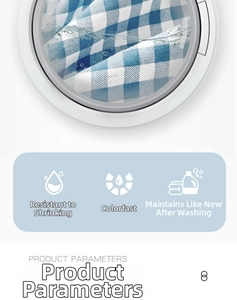 Blue and white plaid pillowcase durability detail showing anti-fading and anti-shrink features