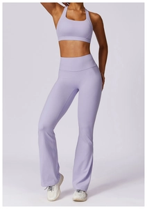 Detailed shot of lavender yoga set with racerback bra and high-waisted flare pants