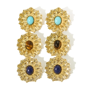 Elegant gold-plated sunburst earrings set with lapis lazuli, turquoise, and tiger eye stones