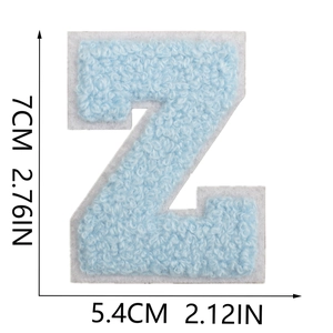 Detailed size view of letter Z chenille embroidery patch in light blue with white border