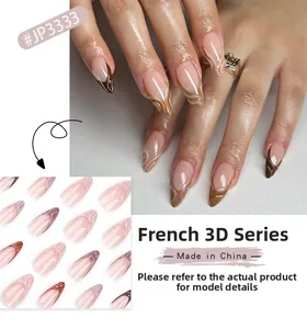 Détails d'ongles 3D amande à presser style français marron café et rose nude