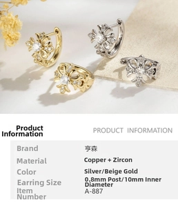Detail of iris flower hoop earrings showing 10mm inner diameter and zircon settings