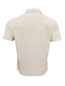 Rear view of light beige men's casual short-sleeve polo shirt with fine knitted texture