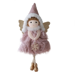 Pink Christmas angel plush doll with gold wings and snowflake for holiday decoration
