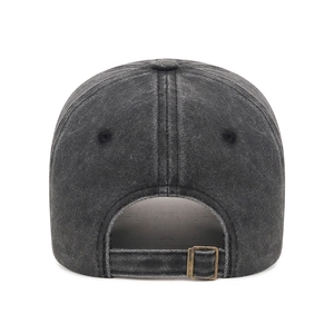 Vintage washed charcoal baseball cap featuring back view with adjustable brass buckle