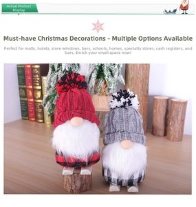 Detailed view of Christmas gnomes with plaid hats and wooden bases for festive decor