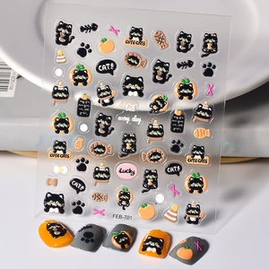 Embossed 3D Nail Art Stickers Waterproof Self Adhesive Cartoon Black Cat Bear Manicure Decorations Women Cute Style