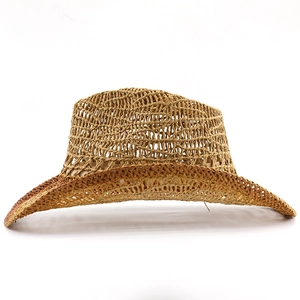 Close-up of the breathable hollow weave texture on this brown straw cowboy hat