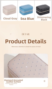 Detail showing faux leather texture with diamond stitching and rhinestone accents on jewelry box