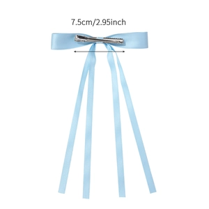 Light blue satin ribbon bow hair clip with silver metal duckbill clip and 7.5cm size mark