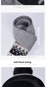 Close-up of winter knit scarf and hat with thick fleece lining and faux fur pom pom