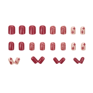 Short round red and zebra print press-on nails set with 24 pieces for women