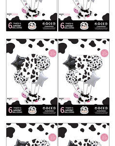 Detail of cow print balloon set packaging with safety labels and CE certification