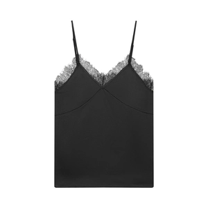 Elegante canotta in raso nero con pizzo delicato e spalline sottili per donna
