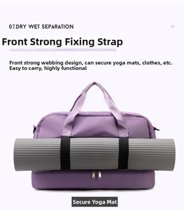 Detail showing high-strength front straps securing a yoga mat on the purple fitness bag