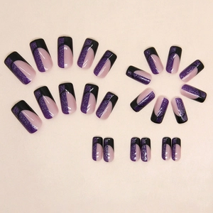 French medium square press-on nails in black and purple glitter ombre 24-piece set