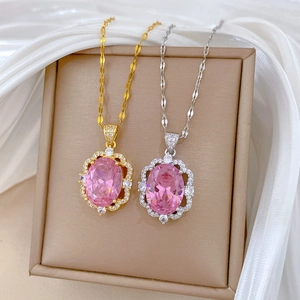 Luxurious gold and silver oval pink gemstone necklaces with micro-pave crystals