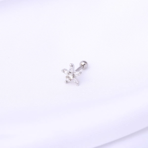 Detailed view of a silver stainless steel star ear stud with a clear crystal inlay