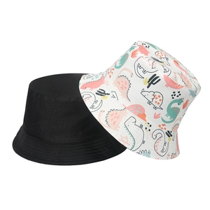 Cappello a secchiello reversibile con stampa dinosauro e design nero per protezione solare donna