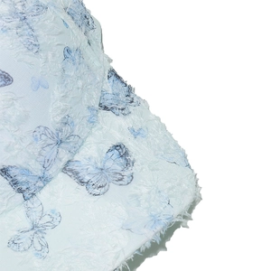 Close-up of light blue fabric with 3D white plush texture and butterfly print detail