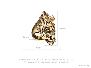 Detailed size chart of antique gold dragon head ring with precise measurements in millimeters