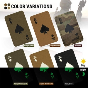 Tactical Ace of Spades PVC patches showing Day and Night glow effects in multiple colors