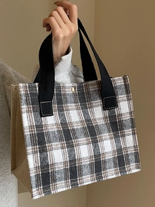 Plaid Checkered Canvas Tote Handbag Cotton Linen Casual Retro Lunch Bag Women Daily Commute Shopping Bags