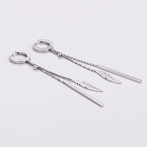 Asymmetric stainless steel long tassel feather earrings with shimmering crystal accents