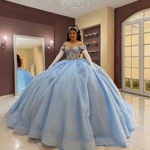 Elegant off-shoulder light blue ball gown with floral appliques and sequins for Quinceañera