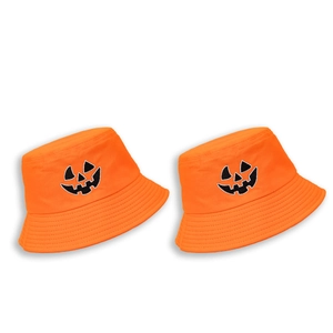 Detail view of pumpkin embroidery on wide brim orange Halloween bucket hats