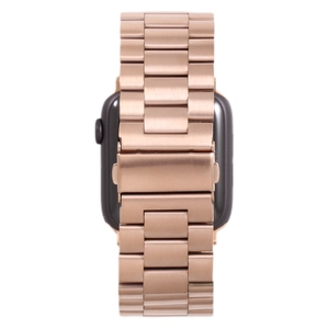 Close-up of rose gold stainless steel three-bead watch band with secure folding clasp