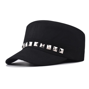 Cadet Cap Cotton Flat Top Military Hat With Square Metal Rivets Adjustable Punk Rock Streetwear Vintage Unisex