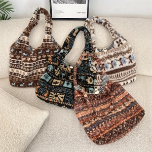 Detail of four colorful plush tote bags with ethnic patterns and checkered lining