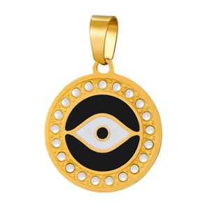 Macro shot of gold-plated evil eye pendant with sparkling rhinestones on white background