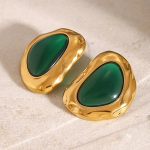 Retro stainless steel stud earrings with dark green resin drops and gold irregular frames