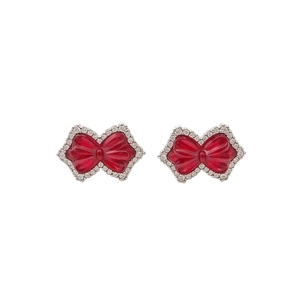 Sparkling red enamel bow ear clips with micro-pave cubic zirconia on silver metal base