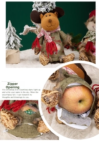 Detail of Christmas reindeer gift bag featuring a zipper bottom and clear window