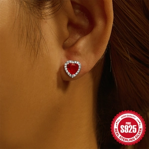 Elegant S925 sterling silver heart-shaped red gemstone earrings with sparkling white zircon